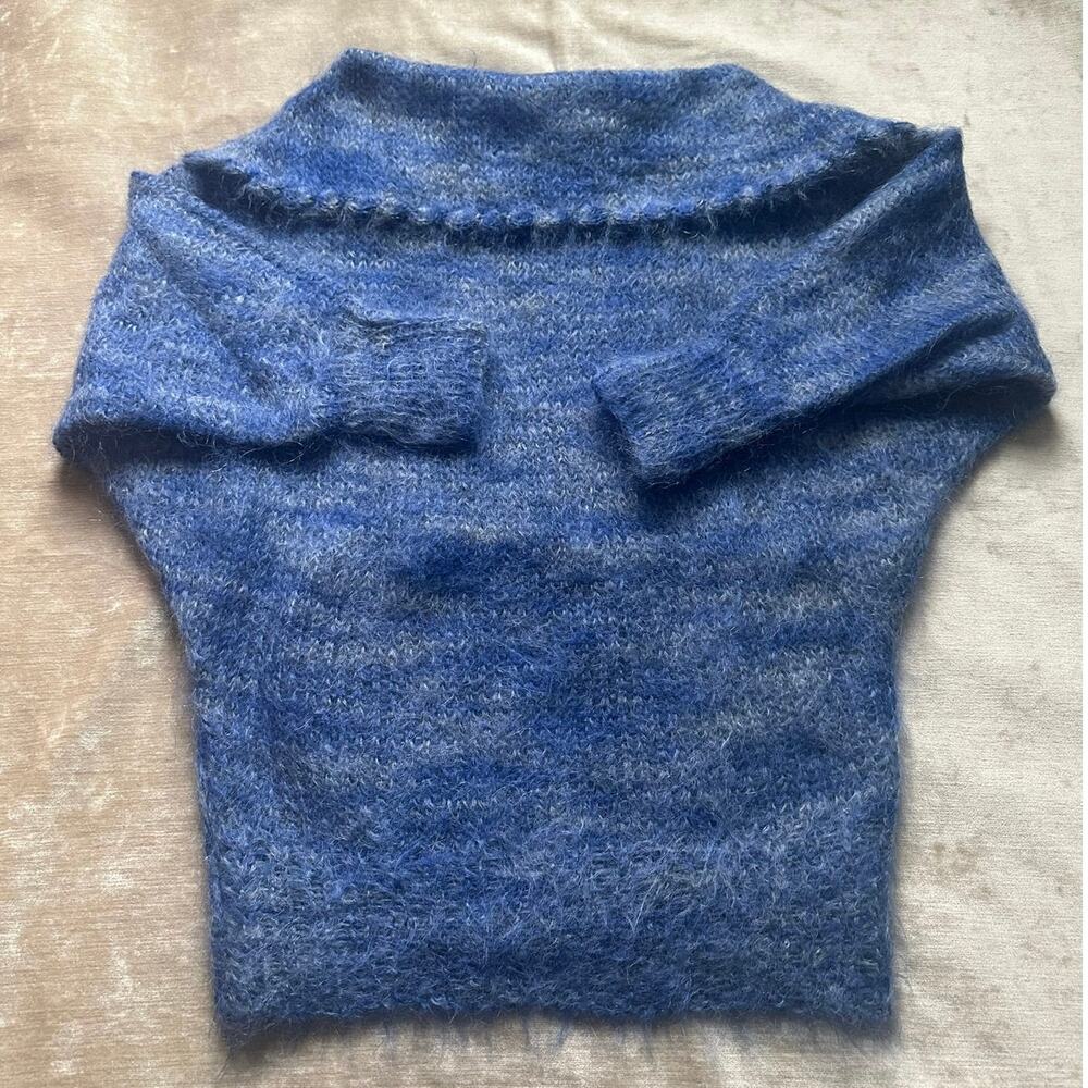 Vintage Mohair Wool Sweater blue collared Bohemian fuzzy warm bat wing sleeve - Picture 9 of 16